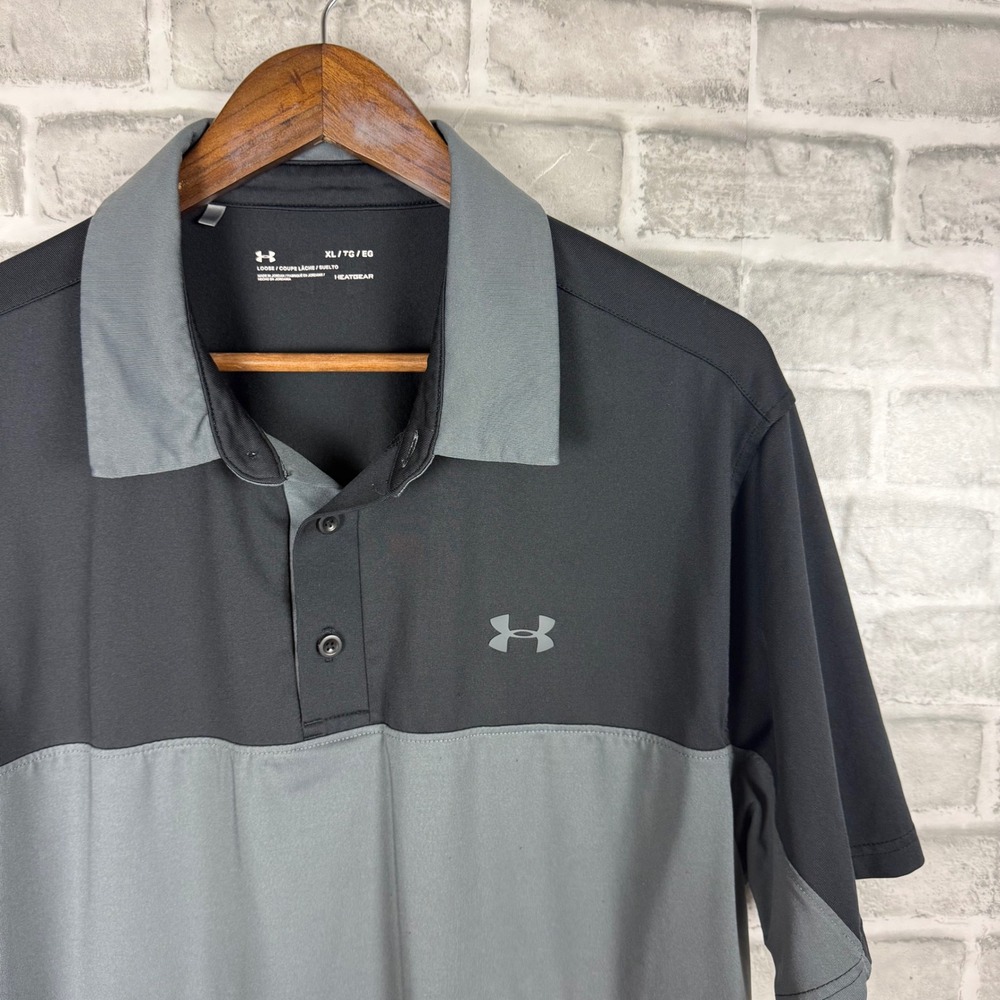 Under Armour Mens XL HeatGear Polo Shirt Black Grey Colorblock Golf Activewear